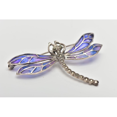 7 - A WHITE METAL PLIQUE A JOUR BROOCH, in the form of a dragonfly, the body set with marcasite, decorat... 