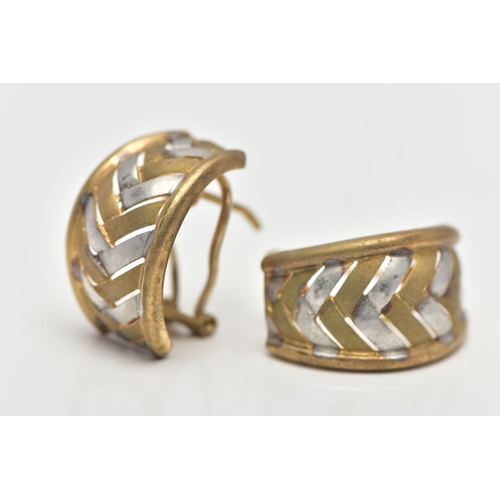 73 - A PAIR OF 9CT BI-COLOUR HALF HOOP EARRINGS, designed with alternating yellow and white gold strips, ... 