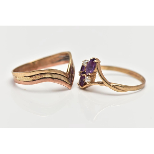 77 - TWO 9CT GOLD RINGS, to include a purple cubic zirconia and imitation seed pearl abstract ring, bifur... 