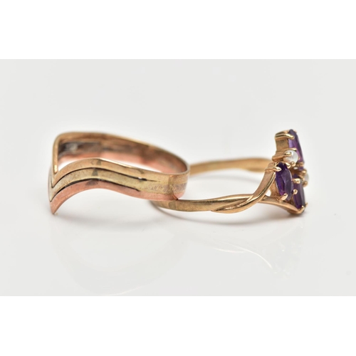 77 - TWO 9CT GOLD RINGS, to include a purple cubic zirconia and imitation seed pearl abstract ring, bifur... 