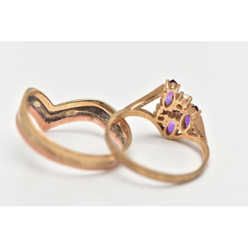 77 - TWO 9CT GOLD RINGS, to include a purple cubic zirconia and imitation seed pearl abstract ring, bifur... 