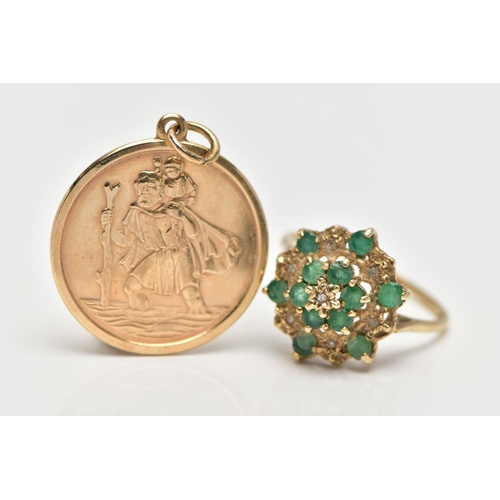 78 - A 9CT YELLOW GOLD EMERALD AND DIAMOND CLUSTER RING AND A 9CT GOLD ST.CHRISTOPHER PENDANT, slightly t... 