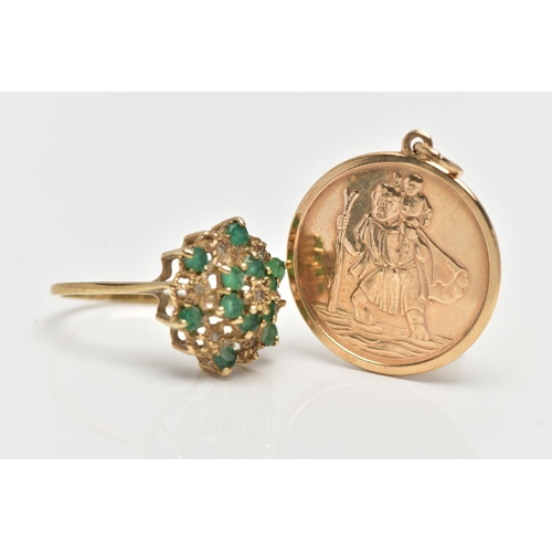 78 - A 9CT YELLOW GOLD EMERALD AND DIAMOND CLUSTER RING AND A 9CT GOLD ST.CHRISTOPHER PENDANT, slightly t... 