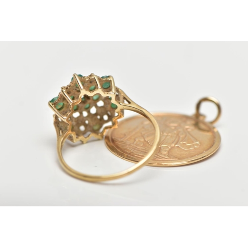 78 - A 9CT YELLOW GOLD EMERALD AND DIAMOND CLUSTER RING AND A 9CT GOLD ST.CHRISTOPHER PENDANT, slightly t... 