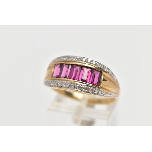 8 - A 9CT GOLD TOURMALINE AND DIAMOND DRESS RING, set with five rectangular cut pink tourmaline, with di... 