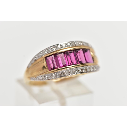8 - A 9CT GOLD TOURMALINE AND DIAMOND DRESS RING, set with five rectangular cut pink tourmaline, with di... 