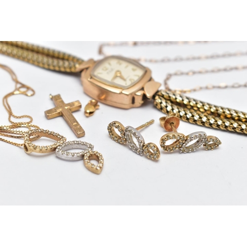 81 - A SELECTION OF JEWELLERY AND A LADIES WRISTWATCH, to include an openwork diamond set pendant necklac... 