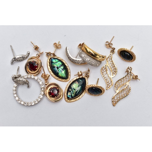 85 - A SELECTION OF YELLOW AND WHITE METAL JEWELLERY, to include five pairs of yellow metal earrings, suc... 