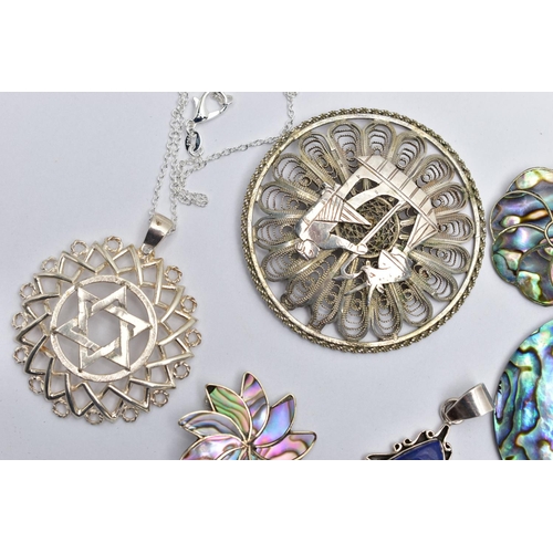 93 - ASSORTED SILVER AND WHITE METAL JEWELLERY, the first a large star of David pendant, hallmarked silve... 