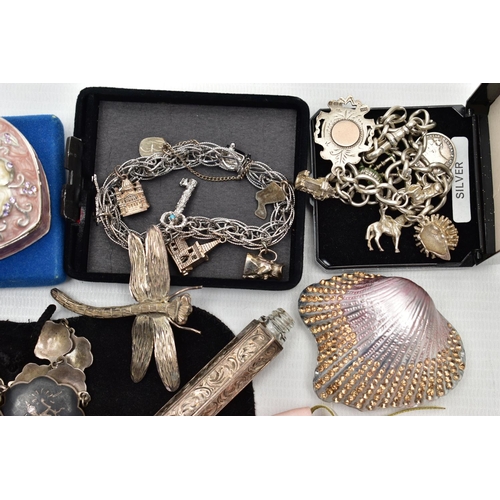 96 - A BOX OF ASSORTED SILVER AND WHITE METAL JEWELLERY AND ITEMS, to include a silver hinged bangle hall... 