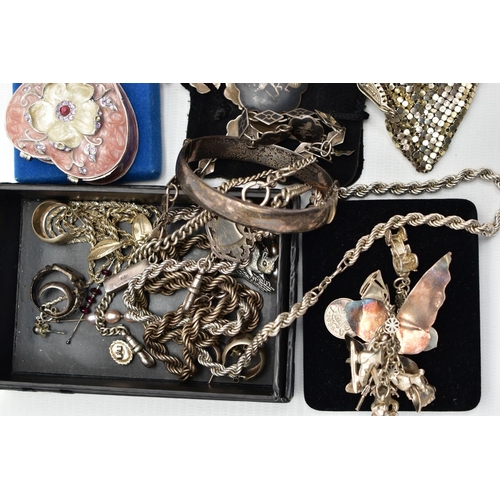 96 - A BOX OF ASSORTED SILVER AND WHITE METAL JEWELLERY AND ITEMS, to include a silver hinged bangle hall... 