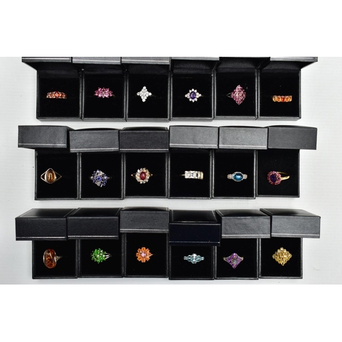 99 - ASSORTED GEM SET RINGS, eighteen colourful gem set dress rings all set in white and yellow metal, ea... 