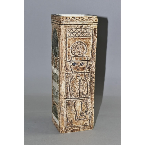 339 - A TROIKA POTTERY VASE, of rectangular form, with incised and impressed decoration on a brown/grey gr... 