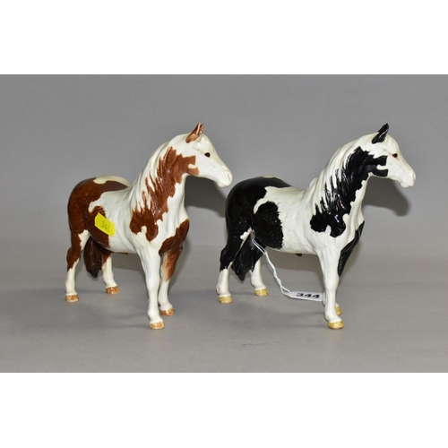 344 - TWO BESWICK PINTO PONIES, model no 1373, first version, one piebald and one skewbald, each bearing p... 