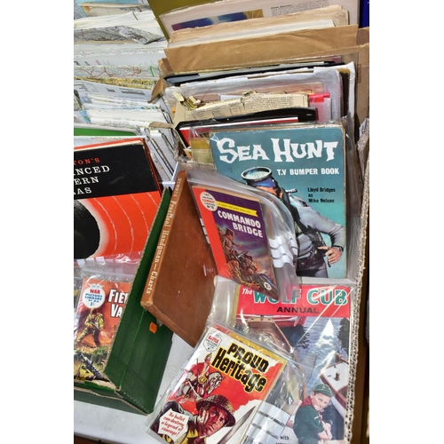 533 - EPHEMERA, three boxes containing a miscellaneous collection of magazines, books, guides, stamps and ... 