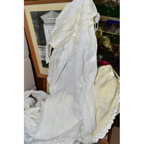 535 - FIVE FRAMED PHOTOGRAPHS SIGNED BY LORD LICHFIELD TOGETHER WITH THREE VICTORIAN BABY GOWNS AND A WOOL... 