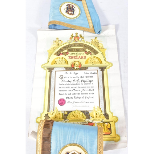 207 - A BOX OF ROYAL ANTEDILUVIAN ORDER OF THE BUFFOLOS REGALIA, including an apron and sash etc presented... 