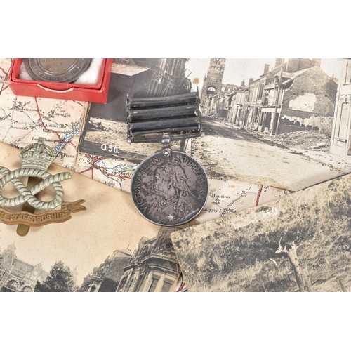 224 - A GROUP OF WORLD WAR ONE MEDALS TOGETHER WITH POSTCARDS & MAP, together with a Boer War Medal, as fo... 