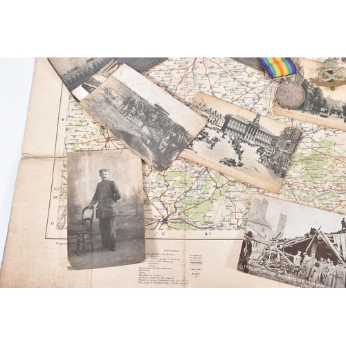 224 - A GROUP OF WORLD WAR ONE MEDALS TOGETHER WITH POSTCARDS & MAP, together with a Boer War Medal, as fo... 