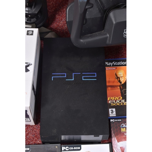 141 - QUANTITY OF GAMES AND EQUIPMENT INCLUDING SILENT HILL 3 AND TWO FLIGHT STICKS, systems include a PS2... 