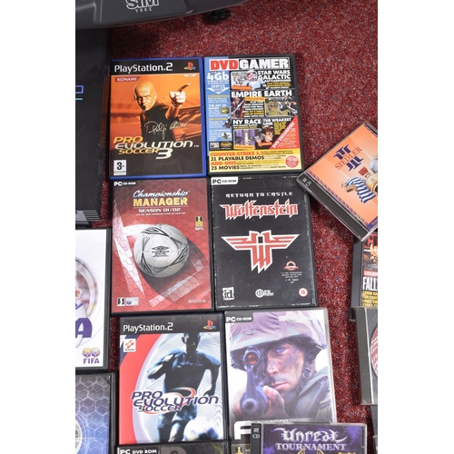 141 - QUANTITY OF GAMES AND EQUIPMENT INCLUDING SILENT HILL 3 AND TWO FLIGHT STICKS, systems include a PS2... 