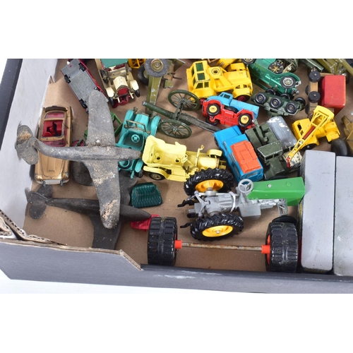 17 - A BOX OF PLAYWORN VINTAGE CORGI AND MATCHBOX MODEL VEHICLES, to include Corgi models James Bond Asto... 