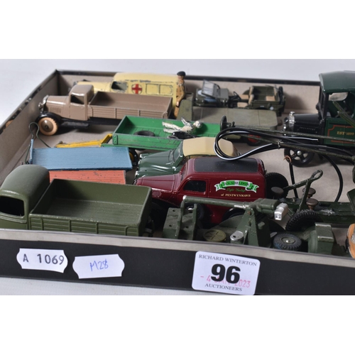 96 - A QUANTITY OF UNBOXED AND ASSORTED PLAYWORN DIECAST VEHICLES, to include restored Dinky Toys Tipping... 