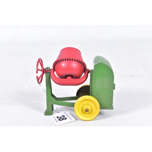 38 - AN UNBOXED EARLY MOKO LESNEY CEMENT MIXER, green body, red drum and yellow wheels, play worn conditi... 