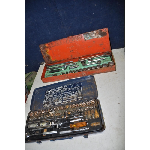 1065 - A CASED KING CRAFT 2 TONNE TROLLEY JACK, a 'Jerry' Can and two partial socket sets (4)