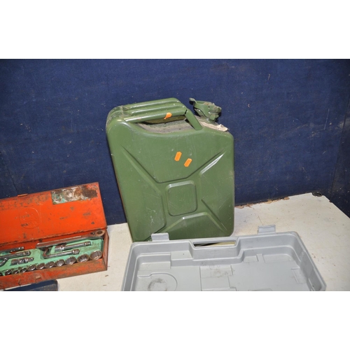 1065 - A CASED KING CRAFT 2 TONNE TROLLEY JACK, a 'Jerry' Can and two partial socket sets (4)