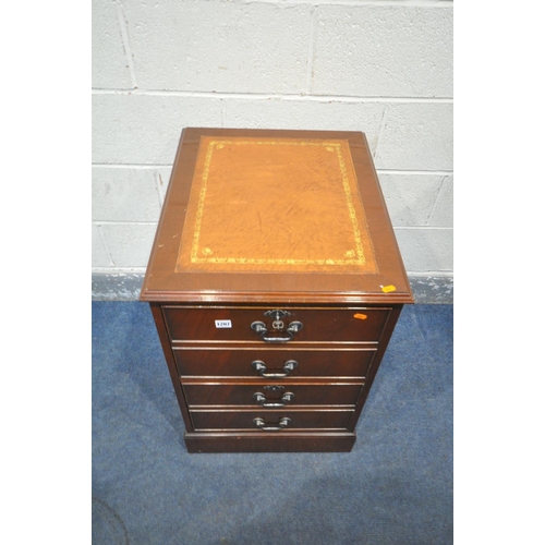 A MAHOGANY TWO DRAWER FILING CABINET, with a brown leather writing ...
