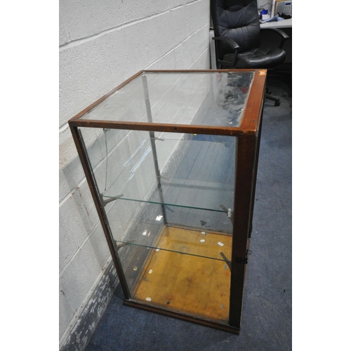 A VINTAGE MAHOGANY TABLE TOP DISPLAY with two glass shelves