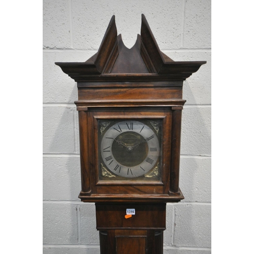 1316 - A GEORGIAN MAHOGANY GRANDDAUGHTER CLOCK, the later hood enclosing a 8 inch silvered and brass dial, ... 