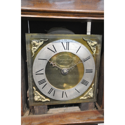 1316 - A GEORGIAN MAHOGANY GRANDDAUGHTER CLOCK, the later hood enclosing a 8 inch silvered and brass dial, ... 