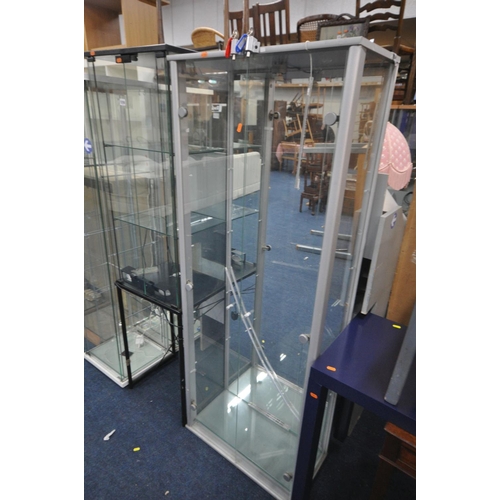 1318 - A SELECTION OF SHOP DISPLAY CABINETS, to include a grey two door cabinet with a mirror back, width 6... 