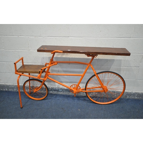 1320 - A CONTEMPORY BESPOKE SIDE TABLE, made from a vintage bicycle, painted in orange, forming of two tier... 