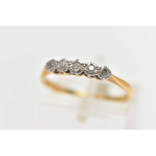 10 - AN EARLY 20TH CENTURY FIVE STONE DIAMOND RING, four single cut diamonds and one old cut diamond set ... 