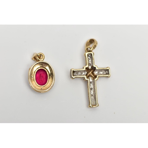 102 - TWO 9CT GOLD PENDANTS, the first a synthetic oval cut ruby with a white gold surround and four accen... 