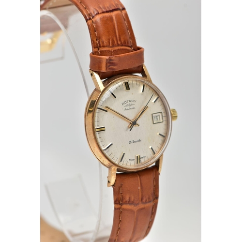 105 - A GENTS 9CT GOLD 'ROTARY' WRISTWATCH, automatic movement, round silver satin dial signed 'Rotary, Au... 