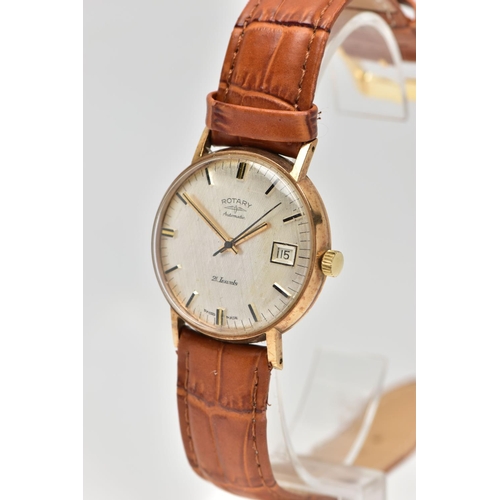 105 - A GENTS 9CT GOLD 'ROTARY' WRISTWATCH, automatic movement, round silver satin dial signed 'Rotary, Au... 