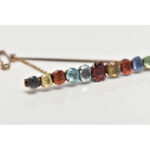 107 - A YELLOW METAL MULTI GEMSTONE BAR BROOCH, designed with a row of vary cut gemstones, each claw set, ... 