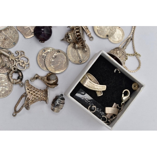 109 - A BAG OF ASSORTED SILVER AND WHITE METAL ITEMS, to include a single silver teaspoon, hallmarked 'Ste... 