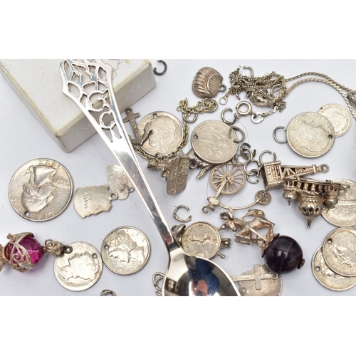 109 - A BAG OF ASSORTED SILVER AND WHITE METAL ITEMS, to include a single silver teaspoon, hallmarked 'Ste... 