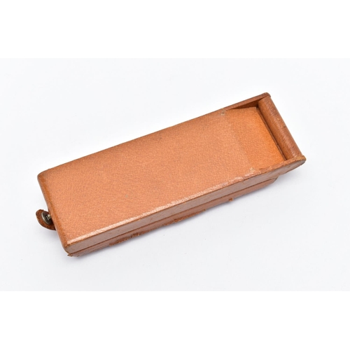 110 - A VINTAGE 'OMEGA' WATCH CASE, tan in colour, hinged rectangular box signed to the front 'Omega', but... 