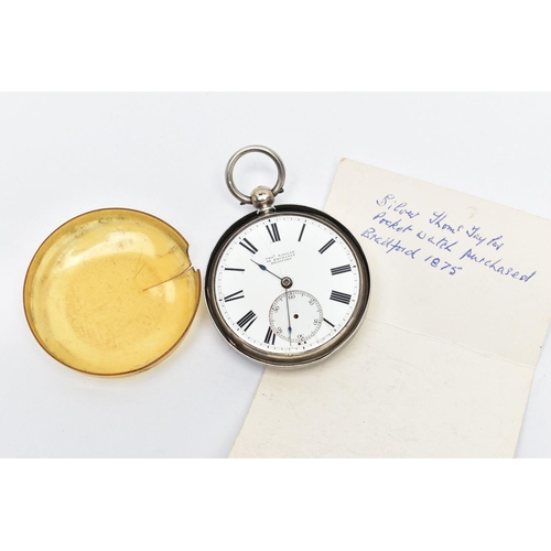 111 - A SILVER OPEN FACE POCKET WATCH, key wound movement, round white dial signed 'Thos Taylor, 32 Exchan... 