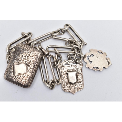 112 - A SILVER ALBERT CHAIN, FOB MEDALS AND A VESTA CASE, the fetter albert chain each link stamped with a... 