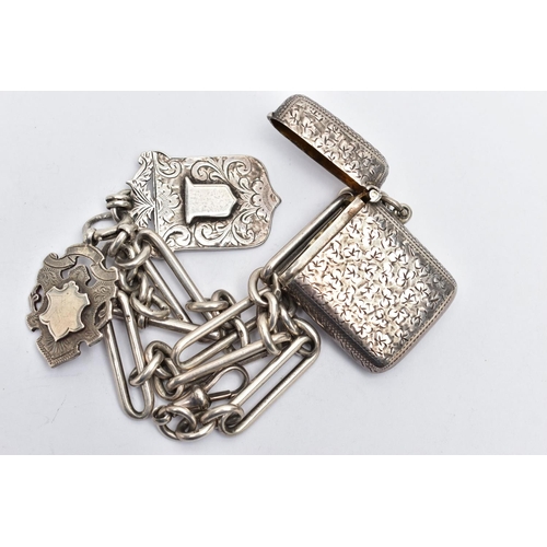 112 - A SILVER ALBERT CHAIN, FOB MEDALS AND A VESTA CASE, the fetter albert chain each link stamped with a... 