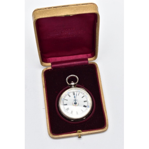 113 - A CASED LADIES OPEN FACE POCKET WATCH, key wound, white metal pocket watch, round white dial decorat... 