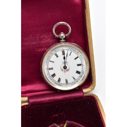 113 - A CASED LADIES OPEN FACE POCKET WATCH, key wound, white metal pocket watch, round white dial decorat... 