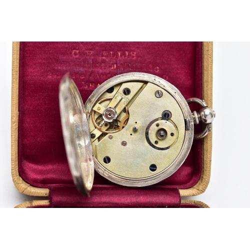 113 - A CASED LADIES OPEN FACE POCKET WATCH, key wound, white metal pocket watch, round white dial decorat... 